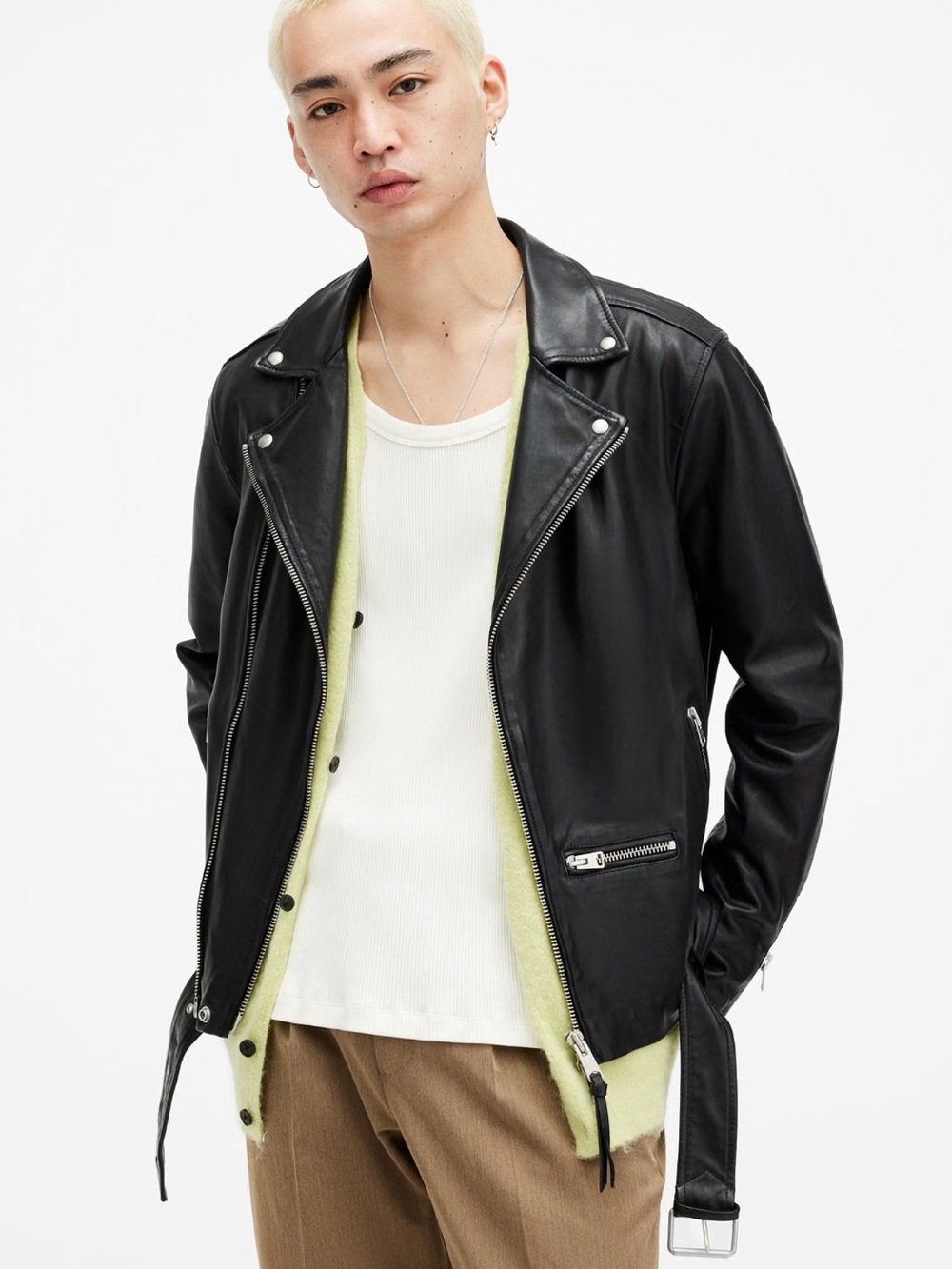 AllSaints Black Leather Biker Jacket large